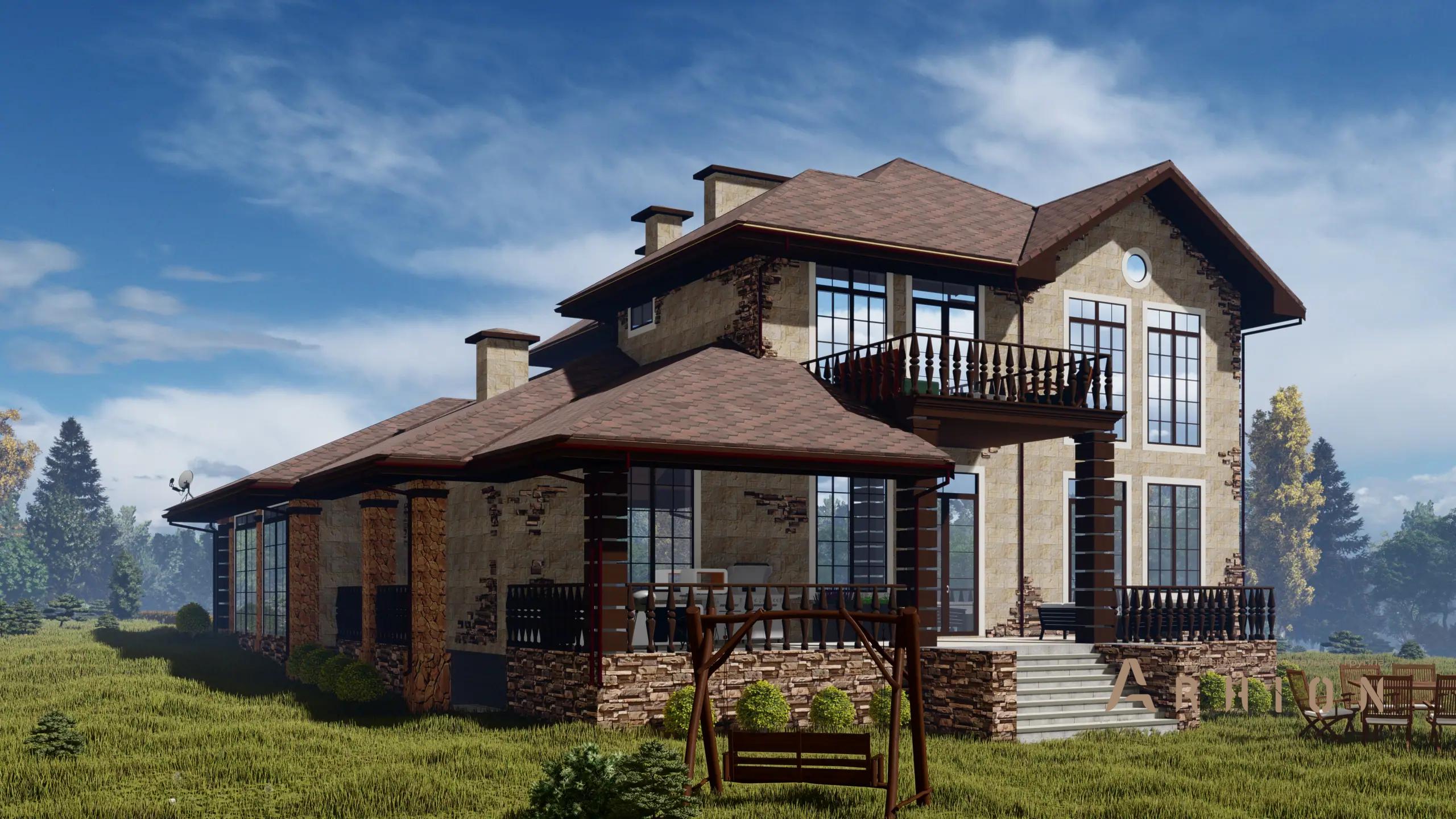 1. Проект двухэтажного дома в европейском стиле с многоскатной кровлей, h-1613, площадью - 642 кв c цокольным этажом, сауной, терассой, балконом, гаражом